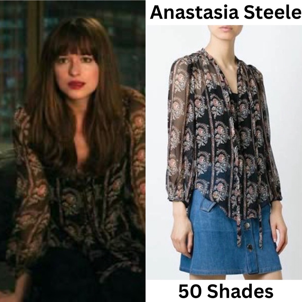 Isabel Marant Black Sheer Paisley Tie-Neck Blouse Anastasia Steele
